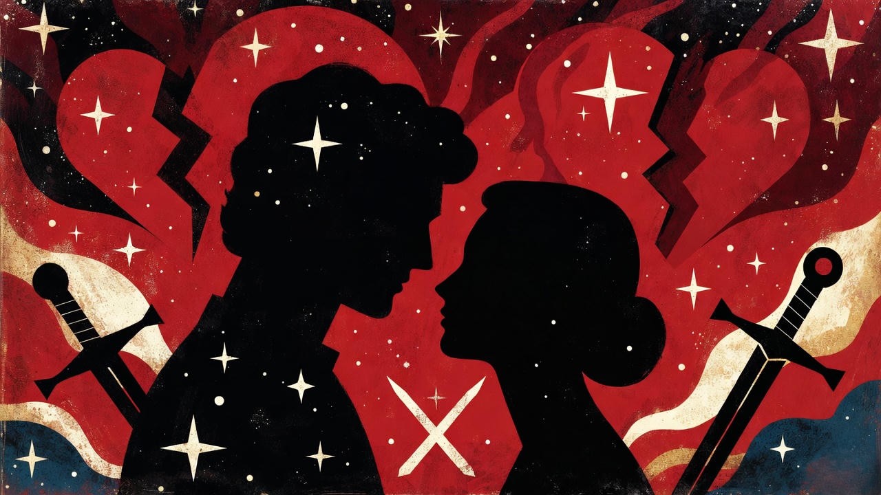 Vintage Royal Shakespeare Company Romeo and Juliet theater poster with silhouettes and dramatic red sky