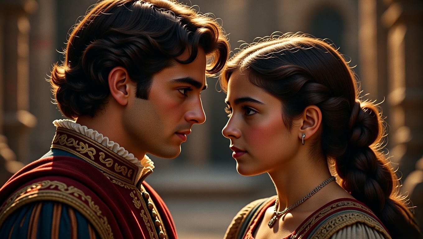 1968 Zeffirelli Romeo and Juliet movie poster style with young lovers in tender Renaissance embrace