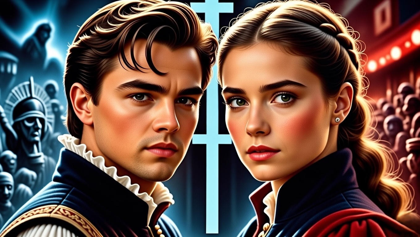 1996 Baz Luhrmann Romeo and Juliet movie poster with DiCaprio and Danes framed by blue cross