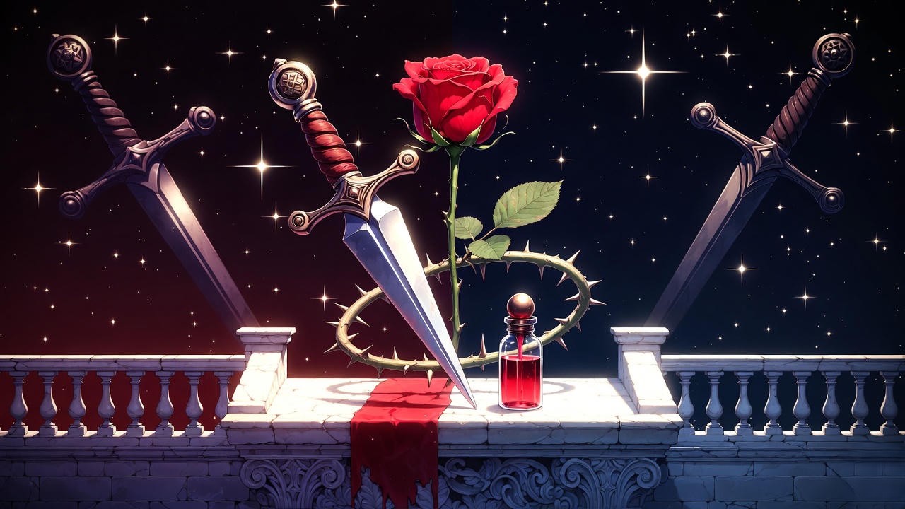 Romeo and Juliet symbolism with red rose, dagger, poison vial, balcony, and starry sky