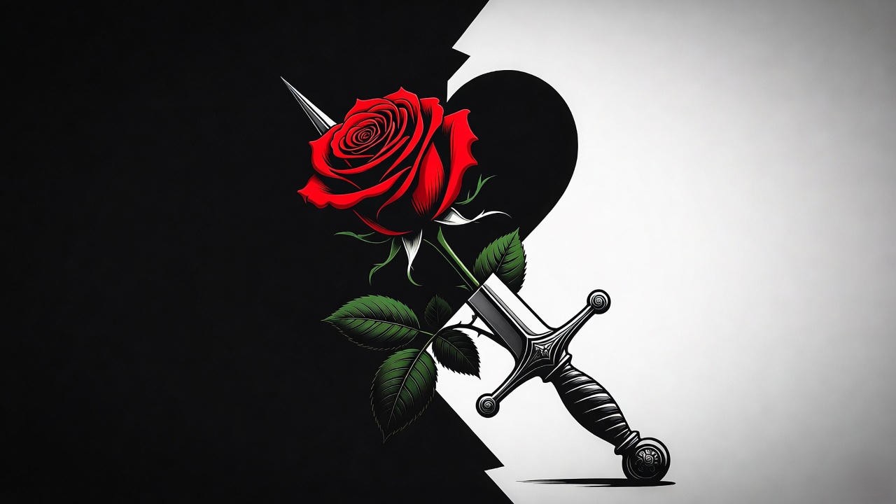 Modern minimalist Romeo and Juliet poster design with red rose and dagger symbolism