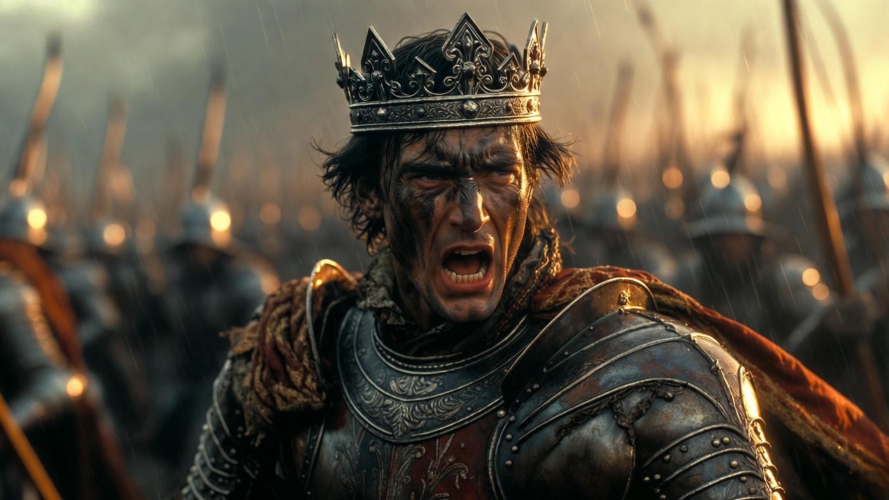 King Henry V rallying troops at Agincourt, iconic moment from Shakespeare's Henry V