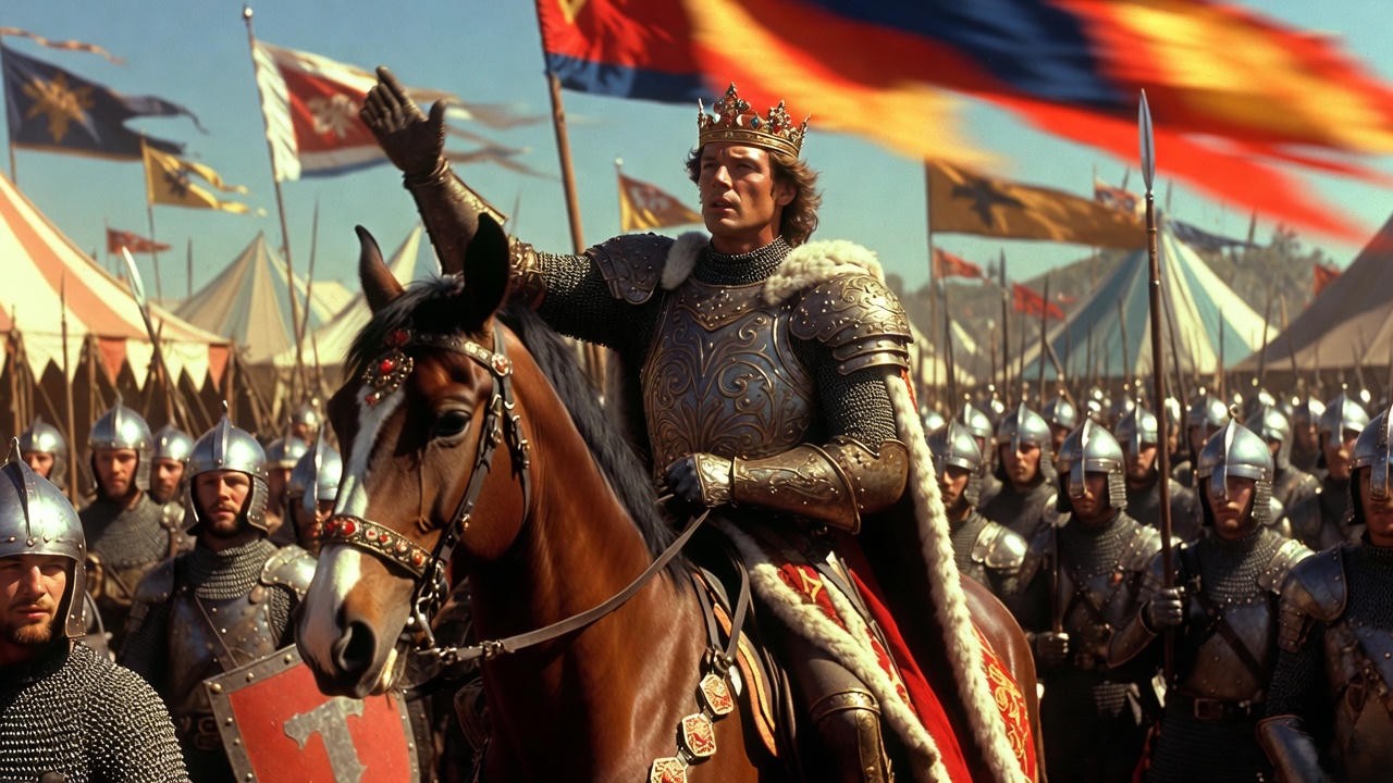 Laurence Olivier as Henry V in camp scene from 1944 film adaptation of Shakespeare's play