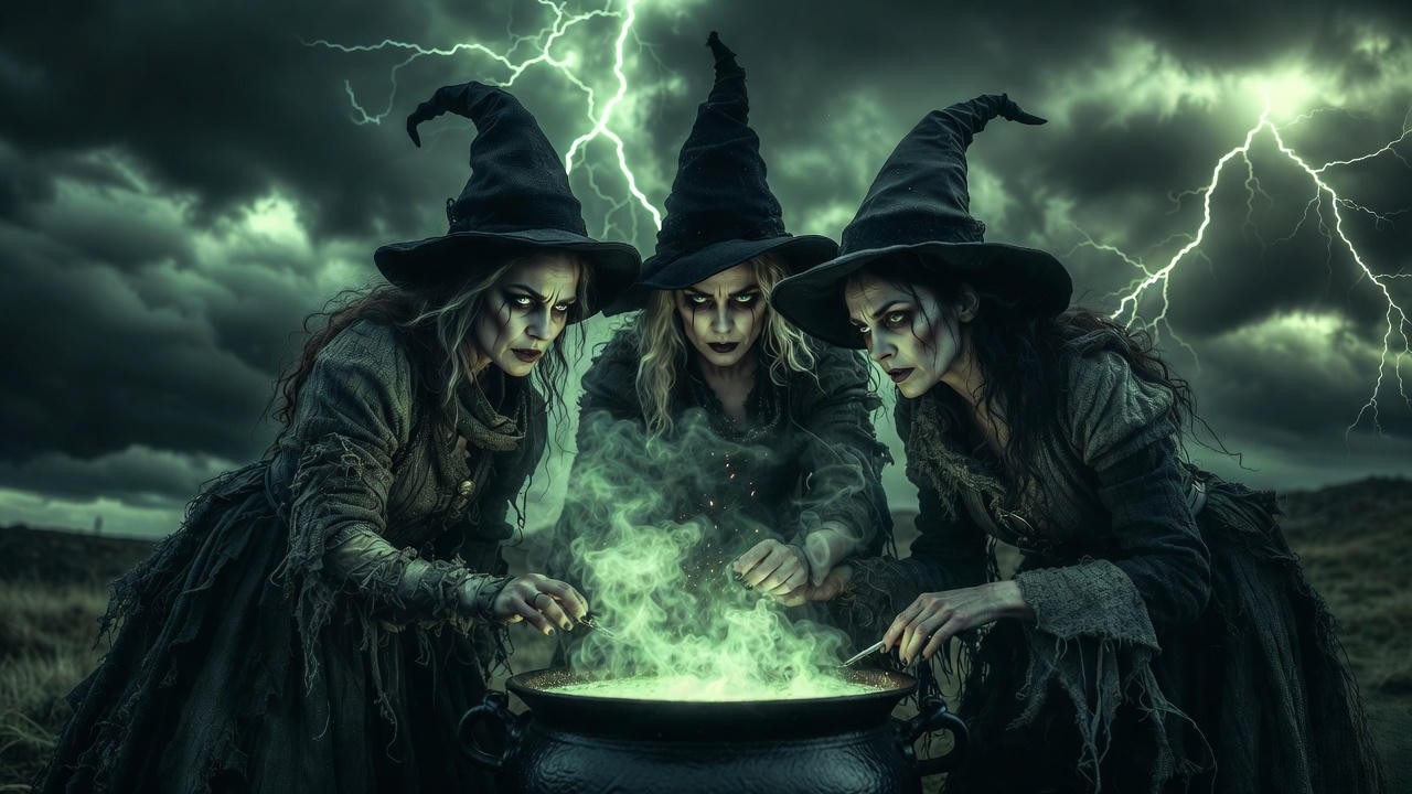 Three witches around cauldron with thunder and lightning in Macbeth, illustrating atmospheric stage directions in Shakespeare's plays