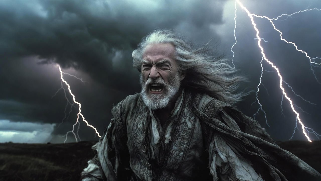 King Lear raging in storm on heath with lightning, showing how stage directions create atmosphere in Shakespeare