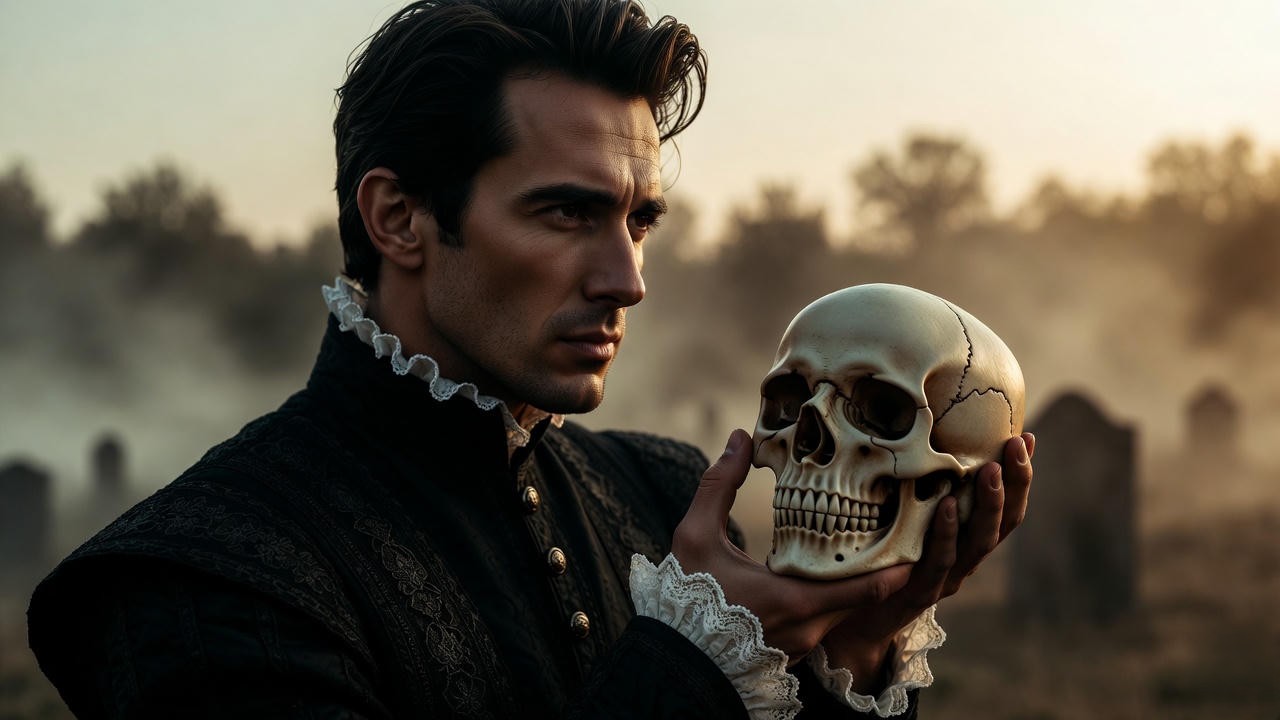Hamlet holding Yorick's skull in graveyard scene, representing mortality symbolism through Shakespeare's stage directions