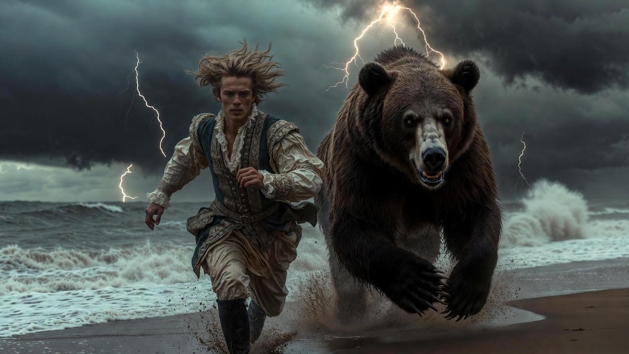 Antigonus fleeing from bear on stormy coast in The Winter's Tale, iconic Shakespeare stage direction symbolizing fate