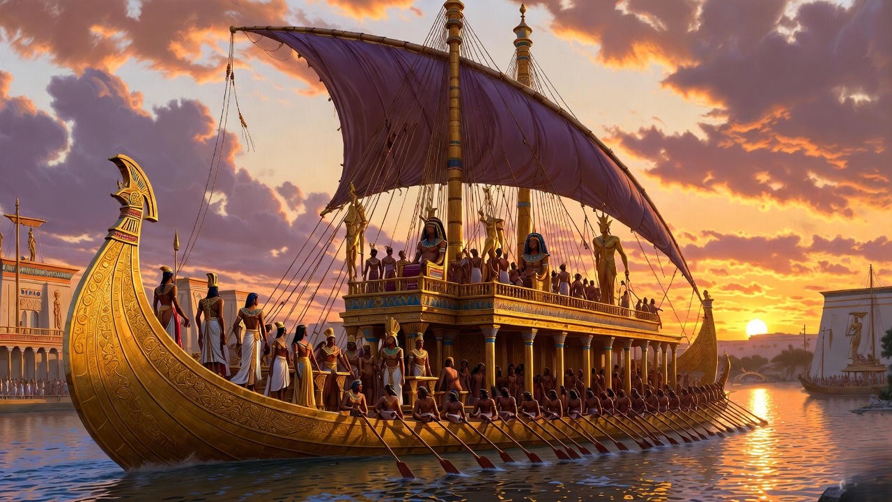 Cleopatra's golden barge on the Nile as described by Enobarbus in Shakespeare's Antony and Cleopatra