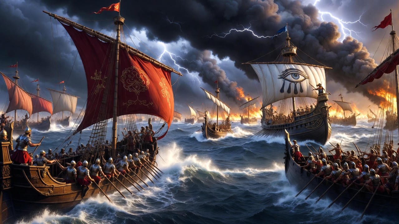The Battle of Actium depicting Antony and Cleopatra's defeat in Shakespeare's tragedy