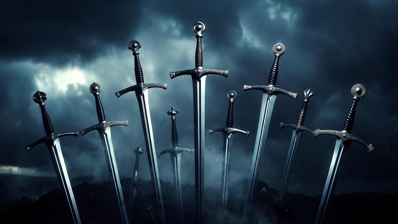 Nine swords arranged dramatically symbolizing anxiety and despair in tarot readings