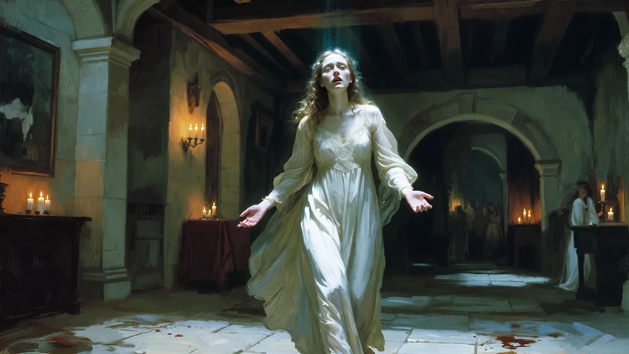 Lady Macbeth sleepwalking in guilt and despair from Shakespeare's Macbeth