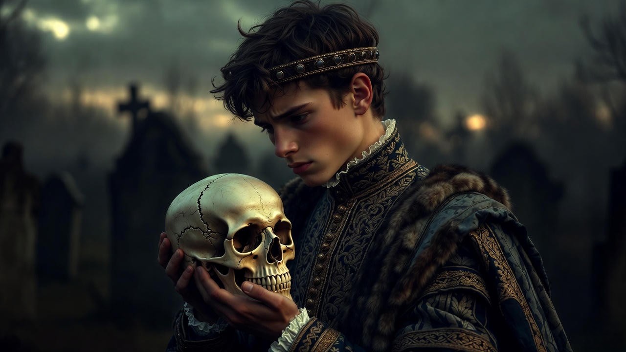 Hamlet contemplating a skull in existential despair from Shakespeare's play