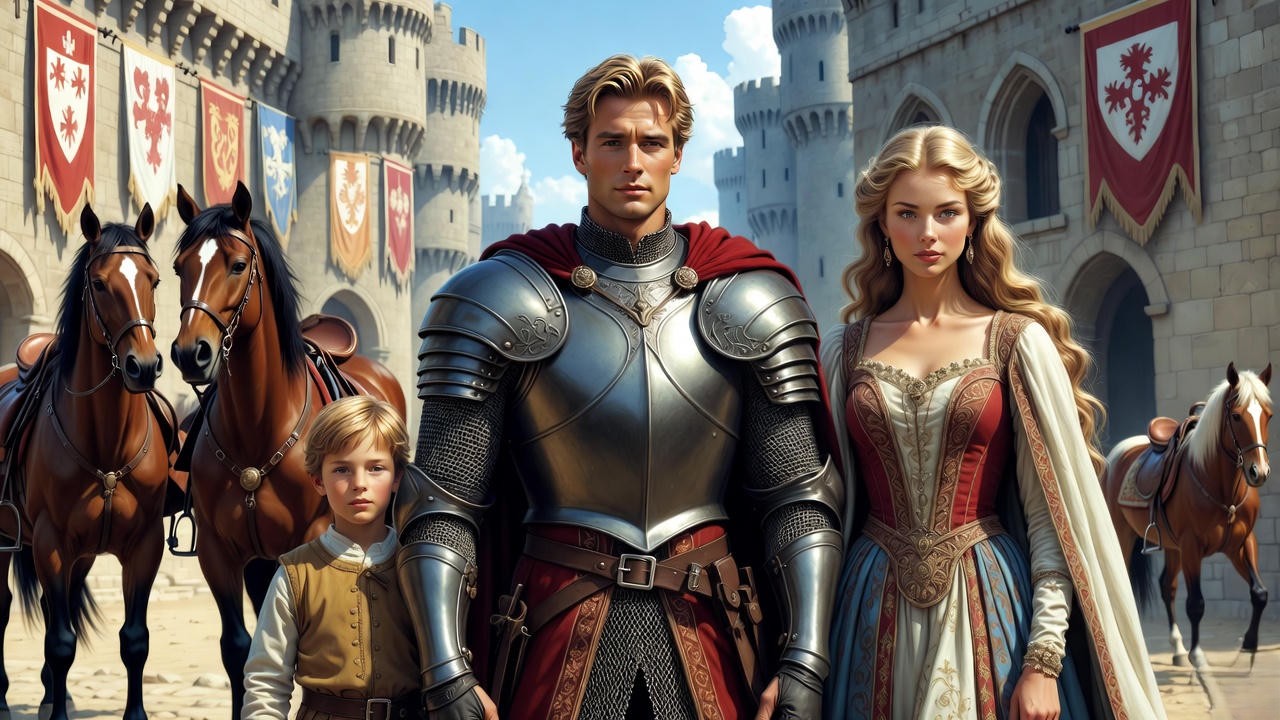 Prince Valiant with Queen Aleta and son Arn in classic Hal Foster comic style, illustrating the family legacy in Arthurian epic.