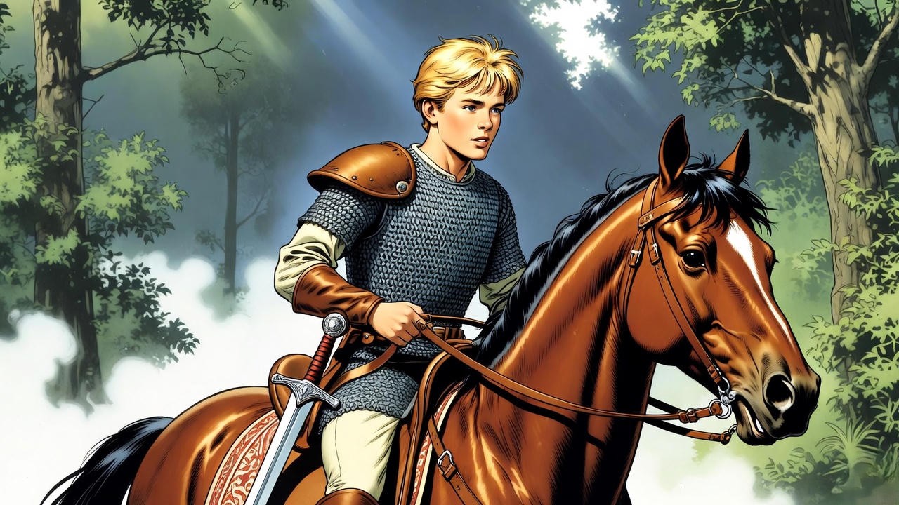 Prince Valiant's son Arn as a young knight on a quest, depicting maturation and heroism in the Arthurian comic strip.