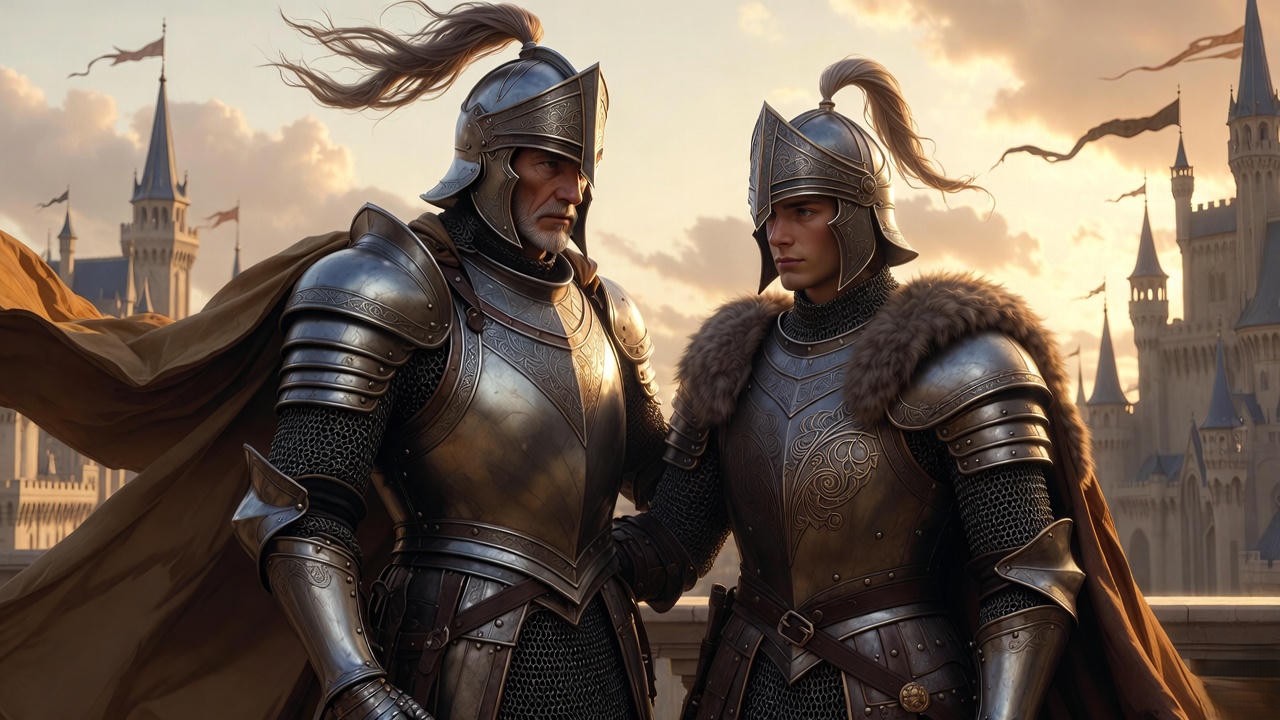 Arthurian knight father mentoring his son, symbolizing guidance and legacy in Prince Valiant’s world.