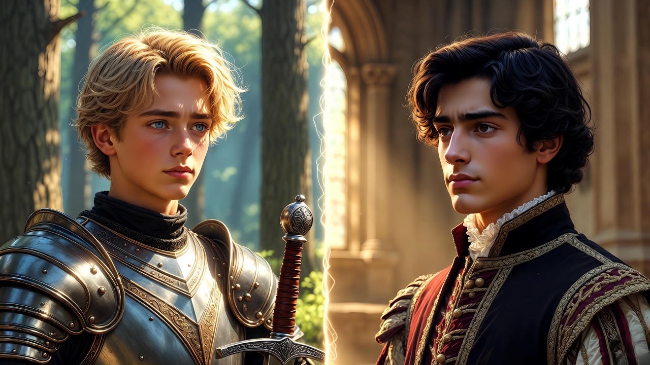 Symbolic comparison of Prince Valiant's son Arn and Shakespeare's Prince Hal, highlighting parallels in princely growth and heroism.