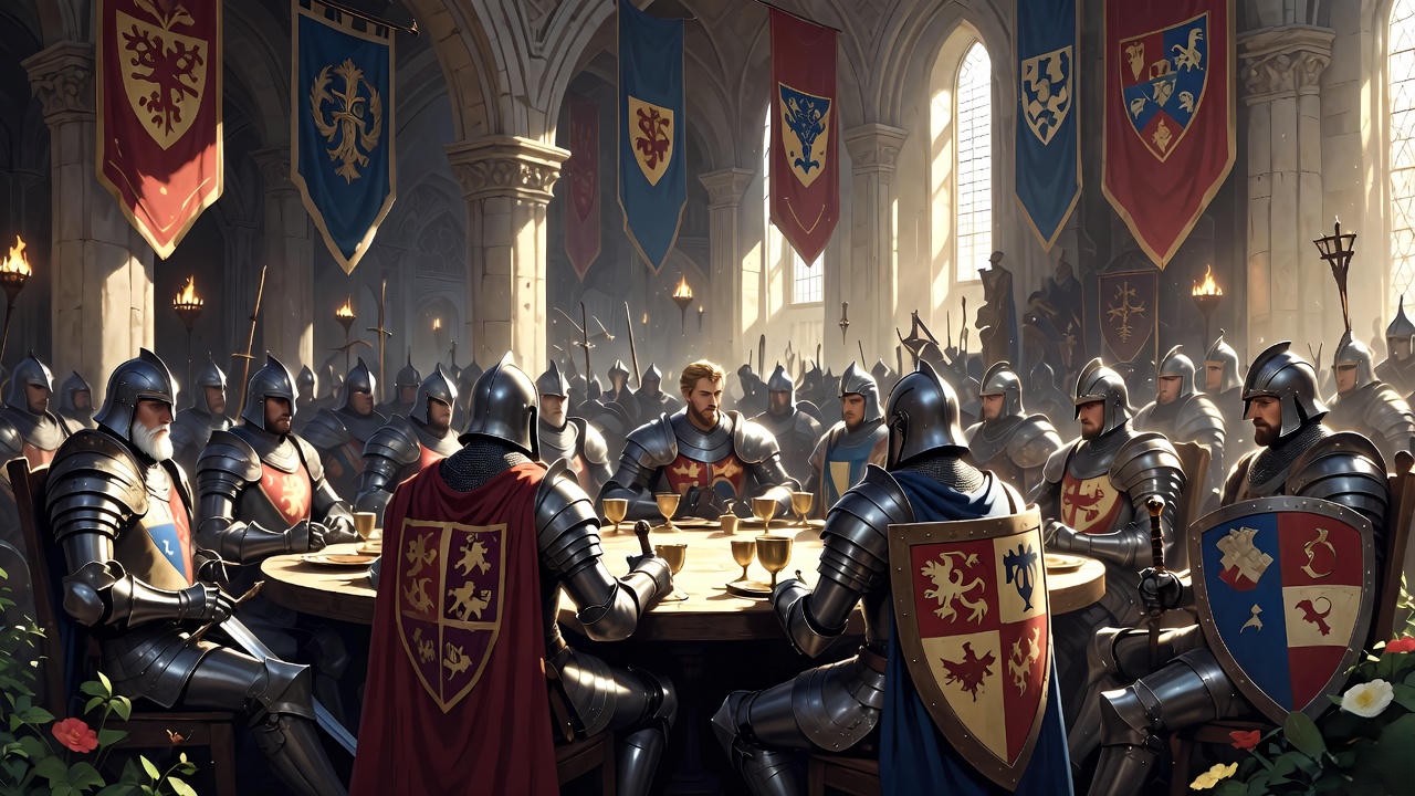 King Arthur and Knights of the Round Table in Camelot, evoking shared Arthurian influences in Shakespeare and Prince Valiant.