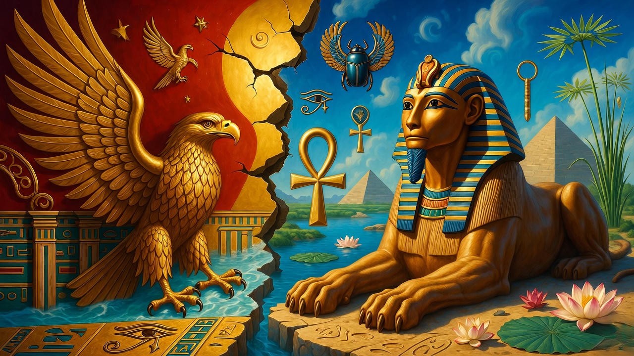 Symbolic clash of Roman eagle and Egyptian symbols, illustrating themes in Antony and Cleopatra
