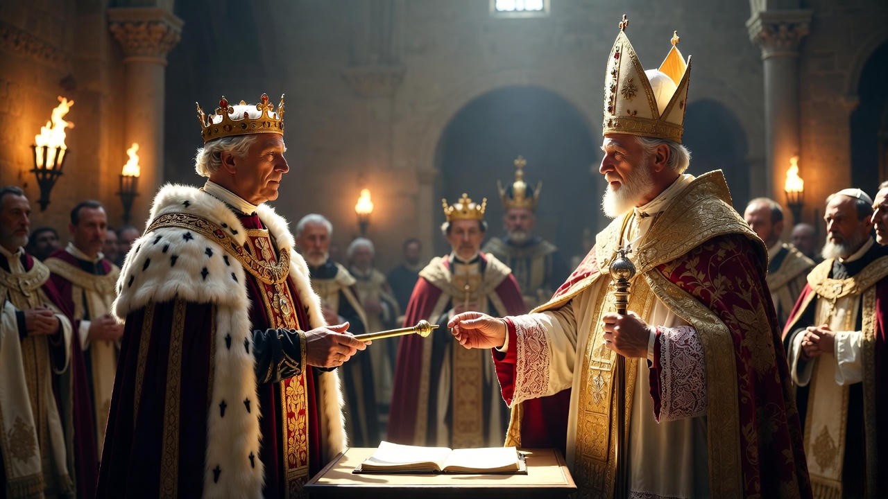 Historical depiction of Henry V and Pope Calixtus II signing the Concordat of Worms in 1122, ending the Investiture Controversy