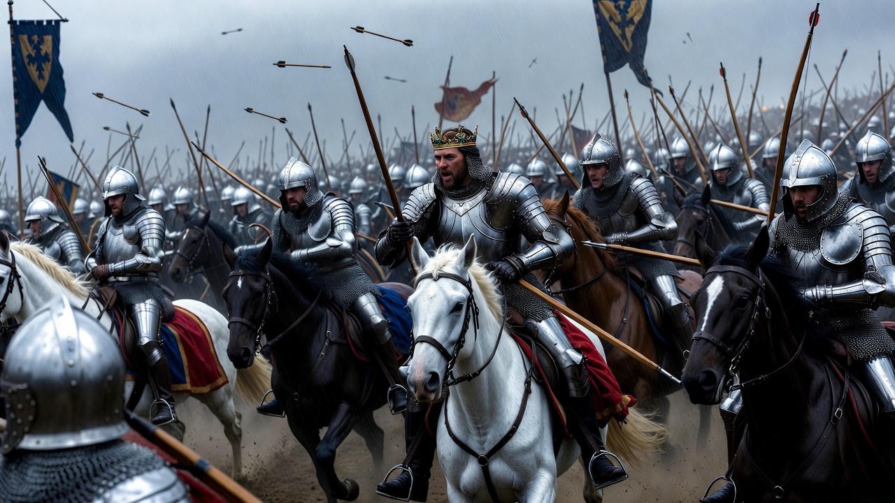 Battle of Agincourt 1415 with Henry V of England leading troops, the heroic king from Shakespeare's play