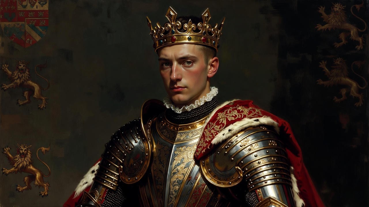 Historical portrait of King Henry V in royal armor and crown during the Hundred Years' War