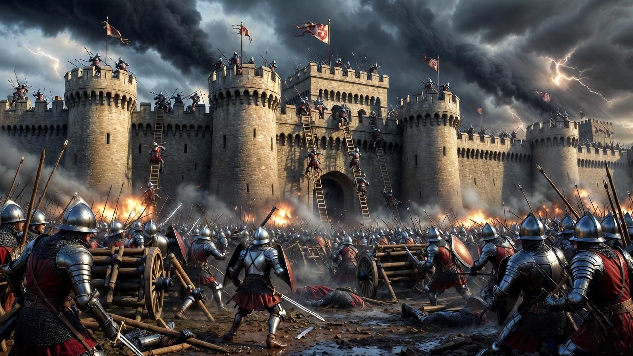 Medieval English army besieging the walls of Harfleur in Shakespeare's Henry V