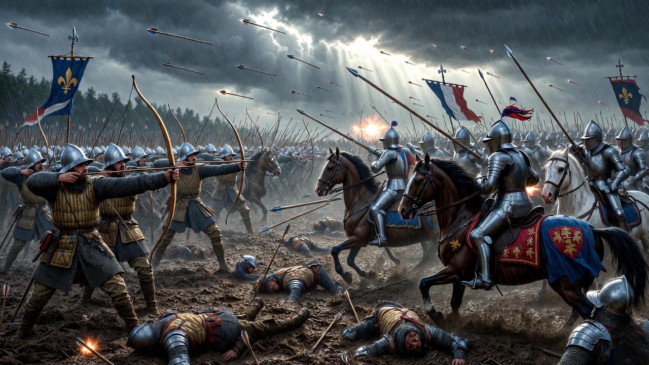 Epic depiction of the Battle of Agincourt with English longbowmen triumphing over French knights