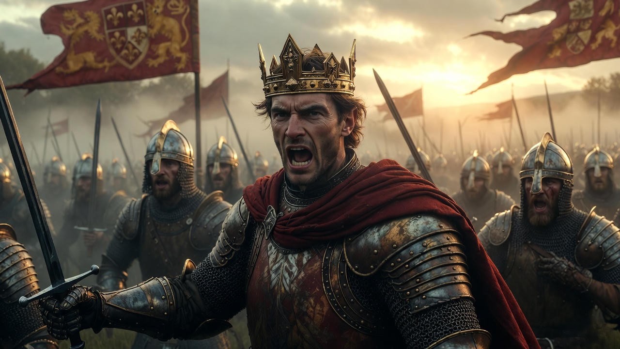 King Henry V delivering an inspirational rally to his troops before Agincourt in Shakespeare's play