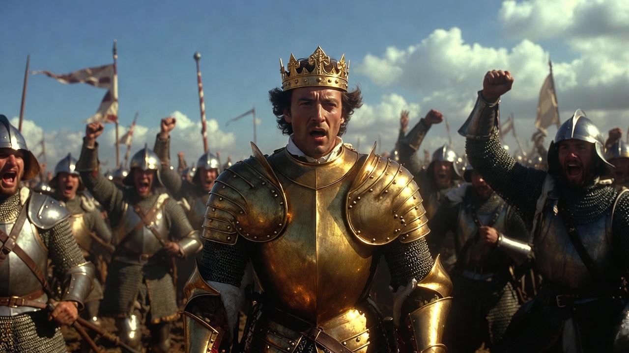 Heroic image of Laurence Olivier as King Henry V in the 1944 film adaptation of Shakespeare's play