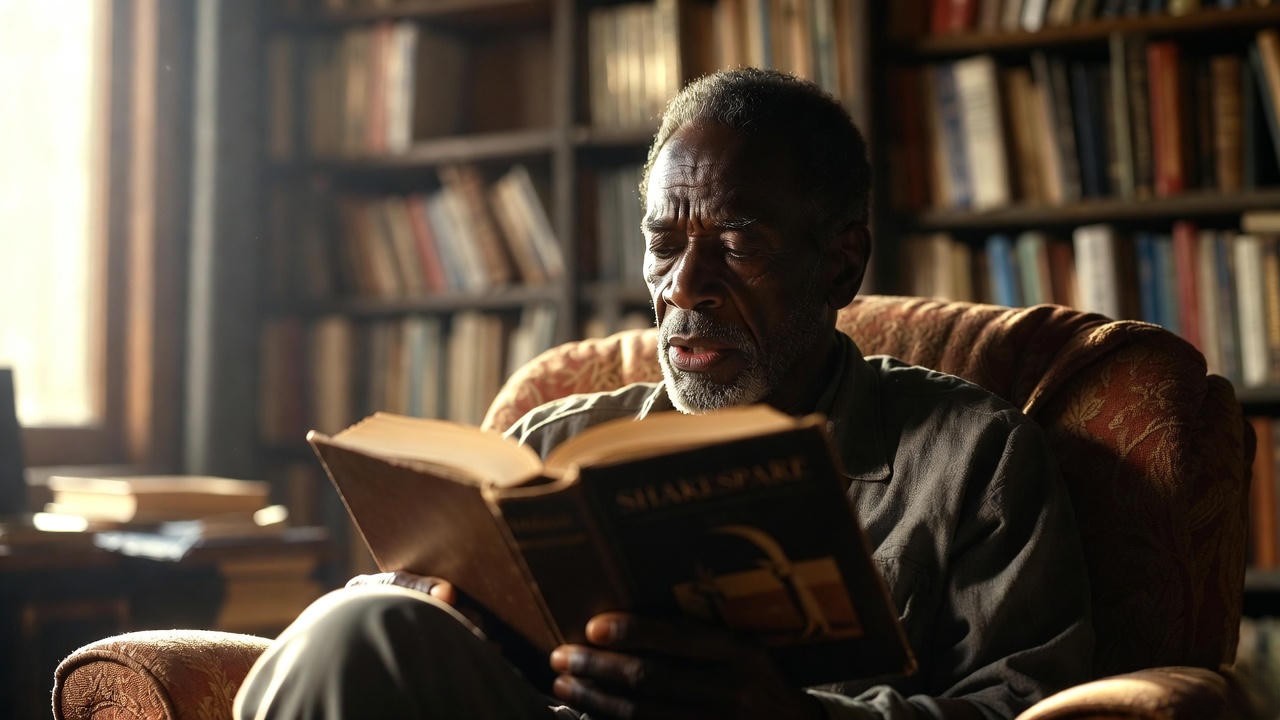 Person reading a Shakespeare play aloud in a cozy setting to capture rhythm and meaning
