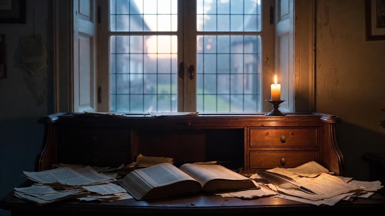 Vintage desk with open Shakespeare book in candlelight symbolizing rewarding reading experience