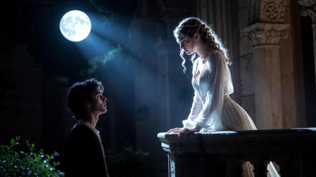 Juliet on the balcony speaking her famous "Wherefore art thou Romeo" monologue under moonlight in Romeo and Juliet