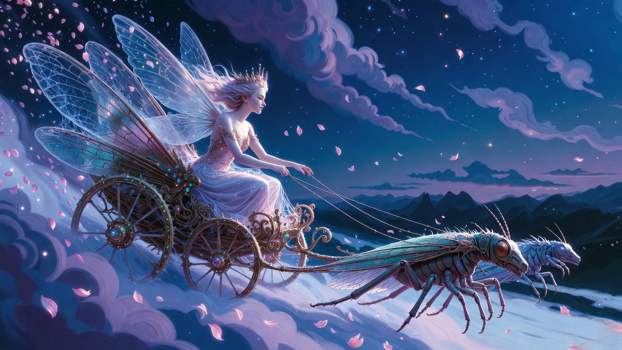 Queen Mab fairy from Mercutio's famous monologue in Romeo and Juliet, whimsical dark fantasy illustration