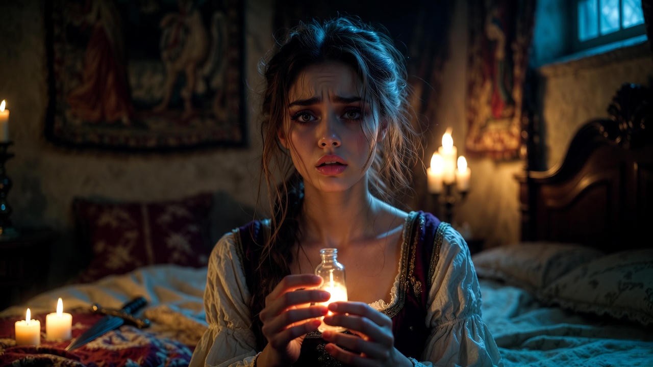 Juliet holding the sleeping potion vial in fear during her Act 4 monologue from Romeo and Juliet