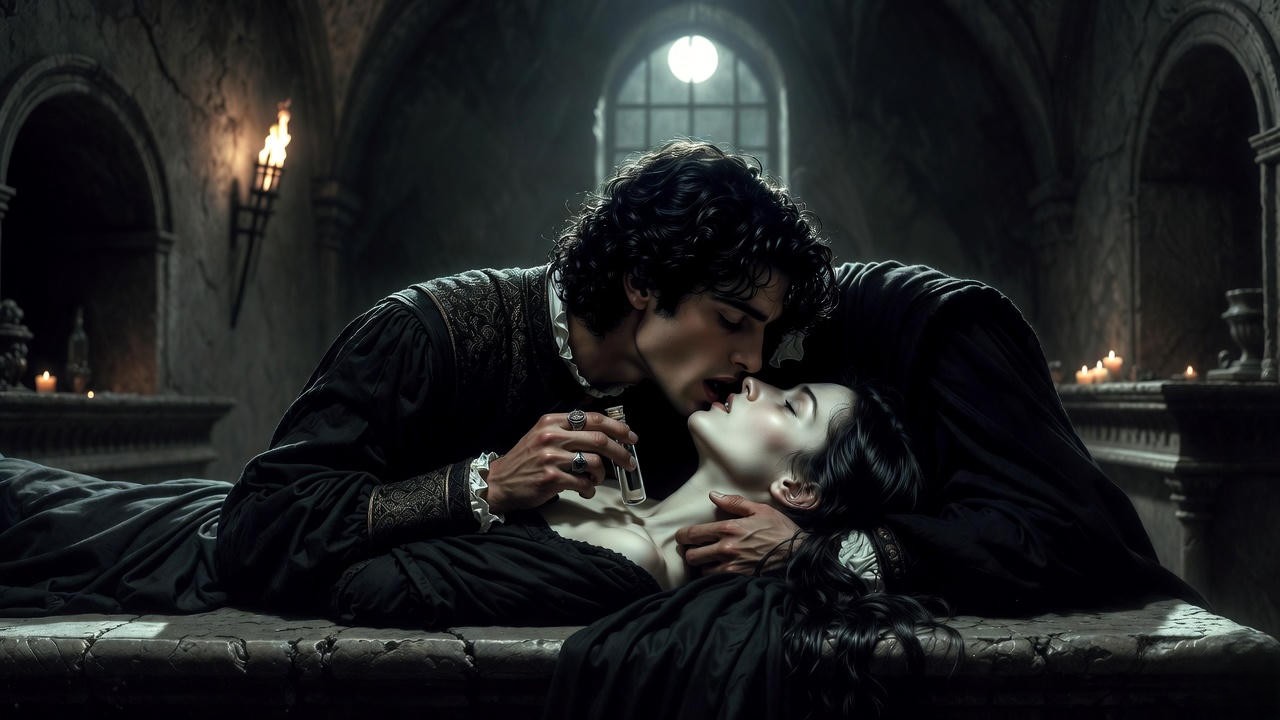 Romeo in the tomb with poison during his final monologue in Romeo and Juliet