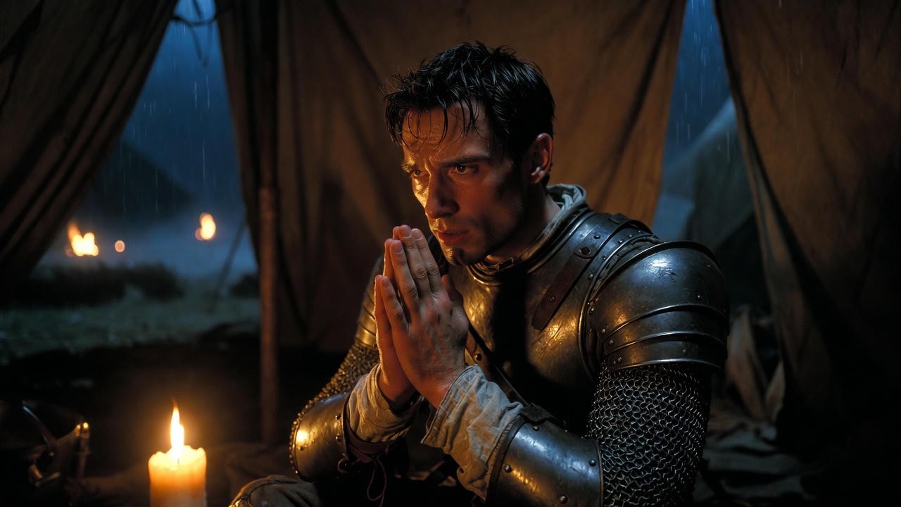 King Henry V in private prayer before Agincourt – vulnerable leadership moment from Shakespeare's Henry V quotes