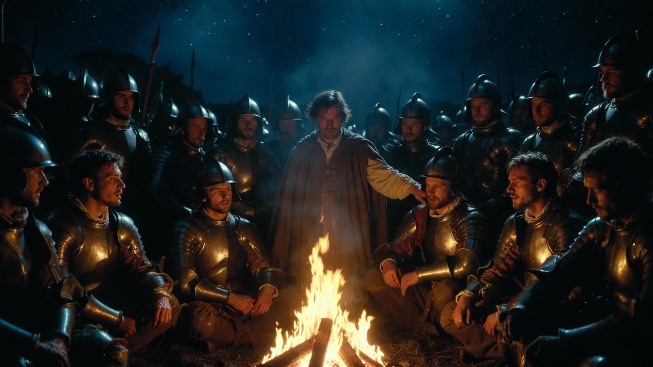 King Henry V disguised among soldiers at night – "A little touch of Harry in the night" from Shakespeare's Henry V