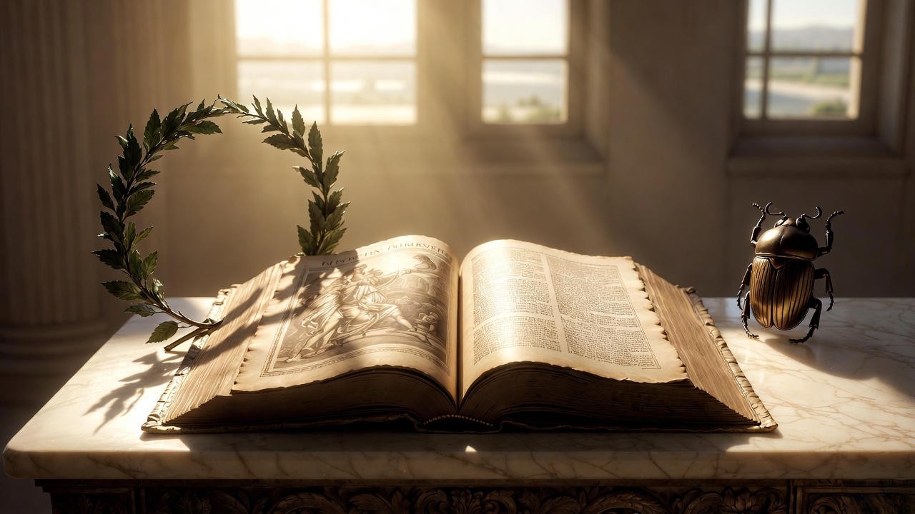 Illustration of Plutarch's Parallel Lives book, source for Shakespeare's Antony and Cleopatra historical context.