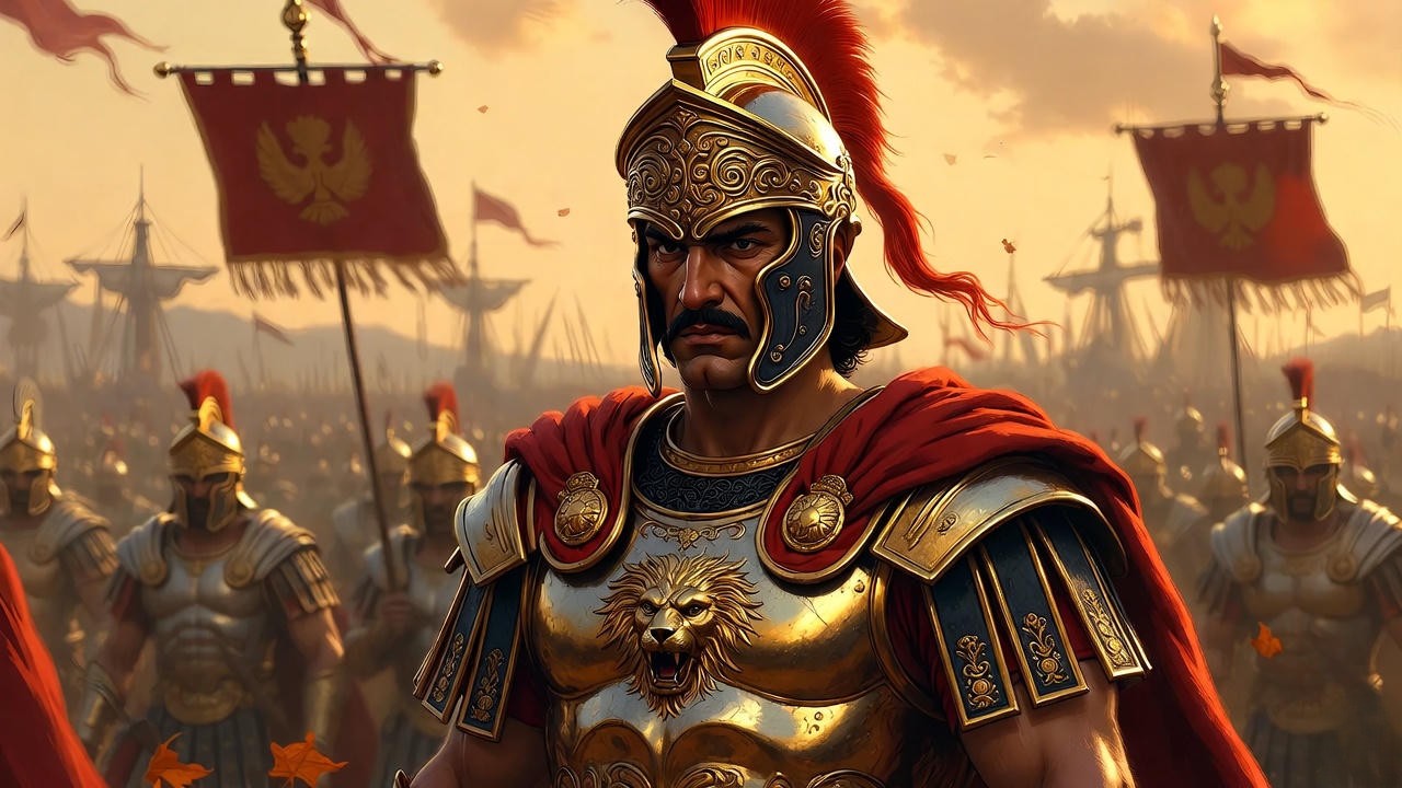 Mark Antony in Roman armor, tragic hero from Shakespeare's Antony and Cleopatra.