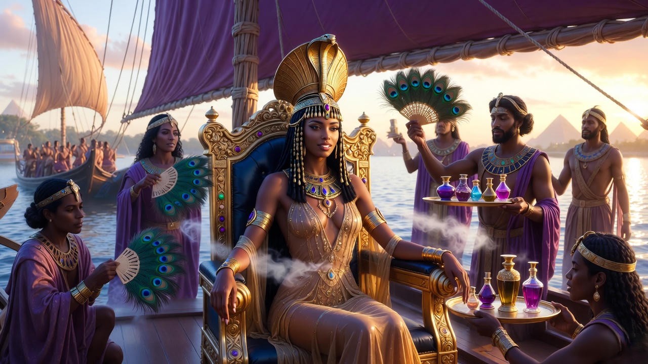 Cleopatra on her golden barge from Shakespeare's Antony and Cleopatra, Enobarbus description.