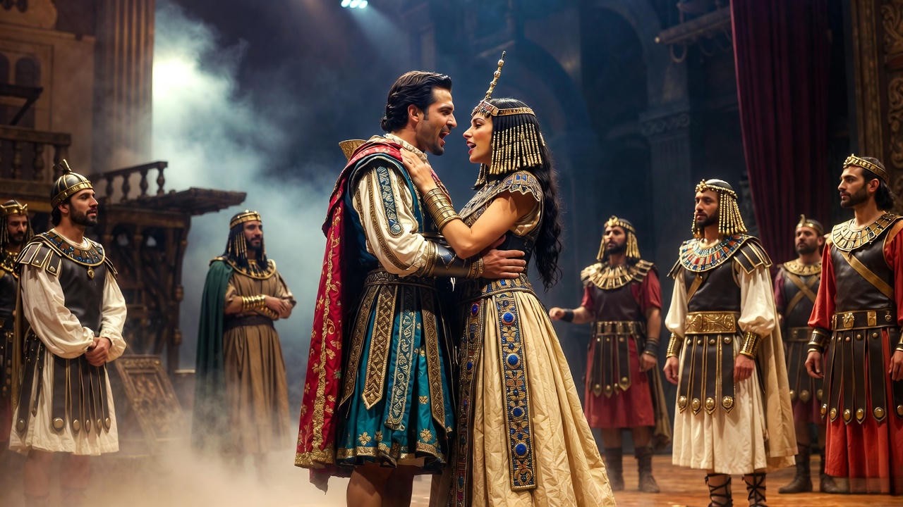 Historical stage performance scene from Shakespeare's Antony and Cleopatra.