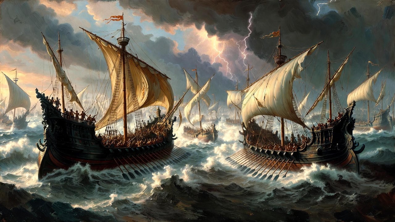 Battle of Actium naval defeat in Shakespeare's Antony and Cleopatra, ancient ships clashing on the sea
