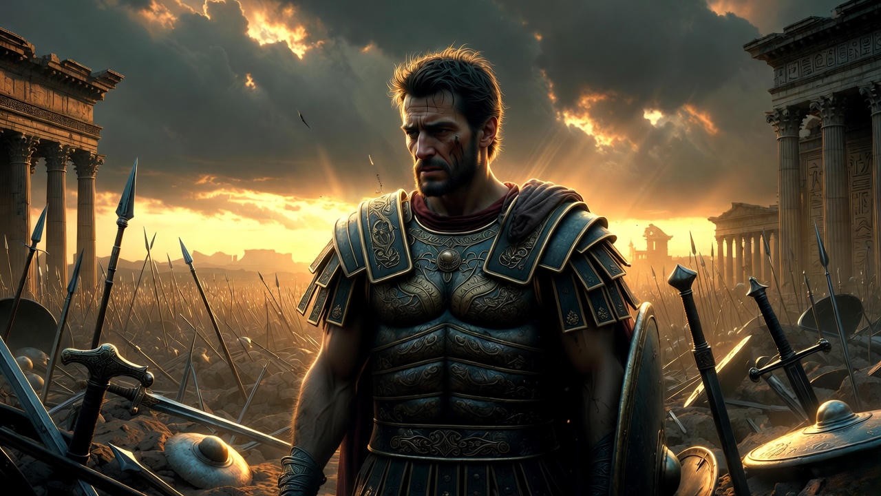 Mark Antony in despair after defeat, symbolizing loss of Roman honor in Antony and Cleopatra