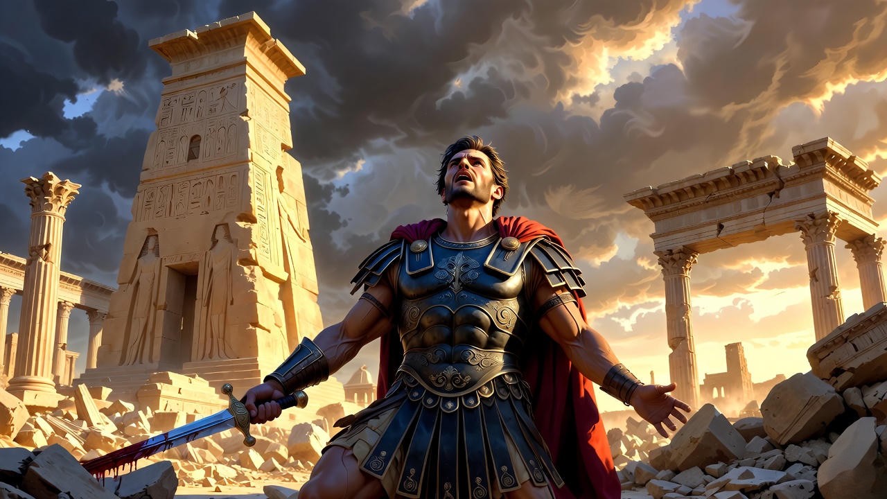 Mark Antony falling on his sword in tragic suicide scene from Shakespeare's Antony and Cleopatra