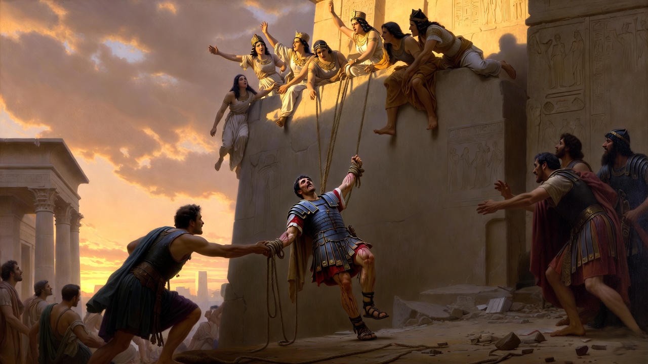 Mark Antony hoisted to Cleopatra's monument in his dying moments, historical and Shakespearean scene