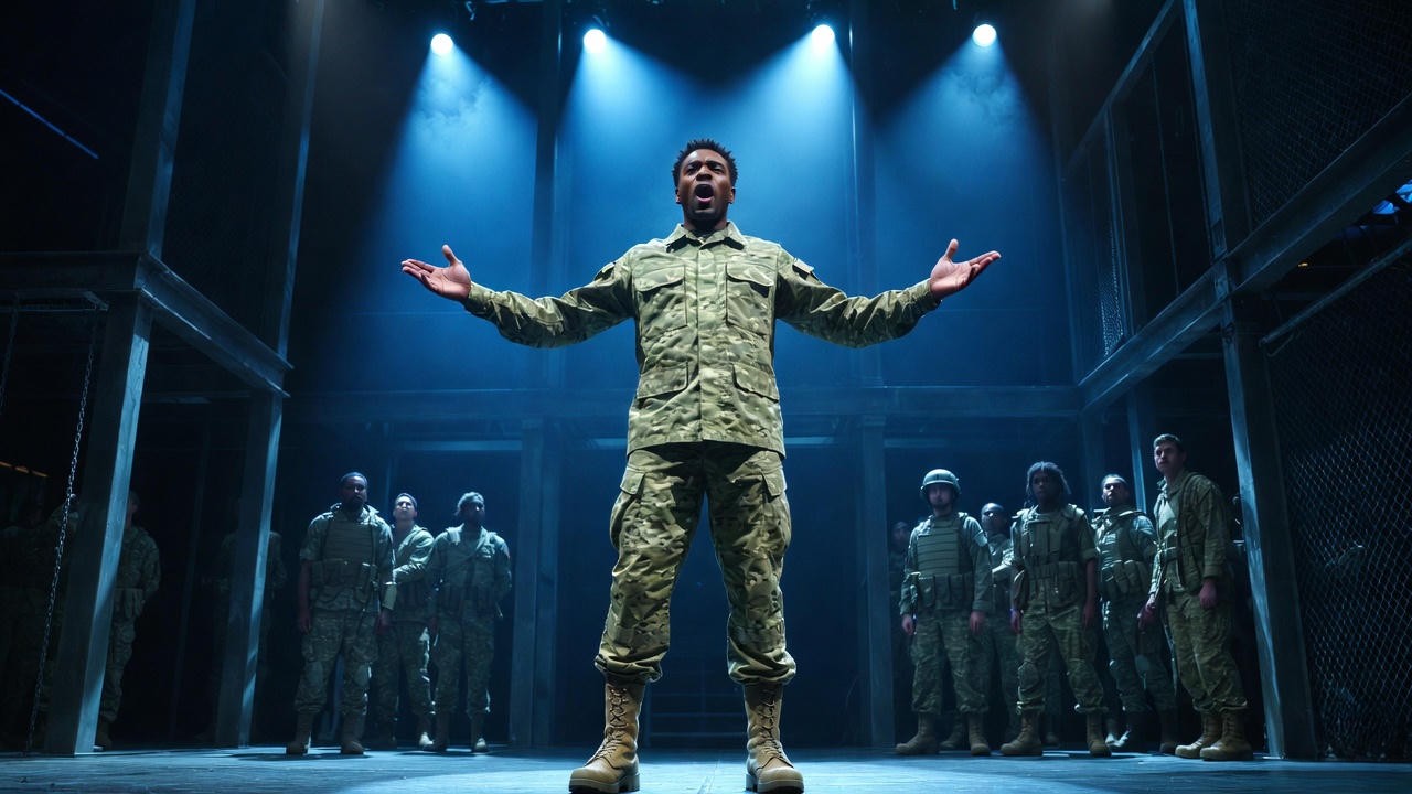 Elijah Jones as King Henry V in commanding pose, Chicago Shakespeare Theater 2024 production