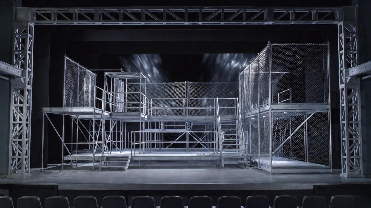 Industrial modern stage design for Henry V at Chicago Shakespeare Theater 2024