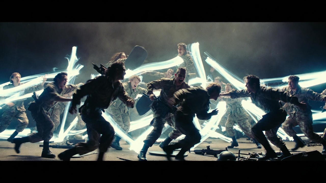 Chaotic battle scene with strobing lights in Henry V Chicago Shakespeare 2024 production