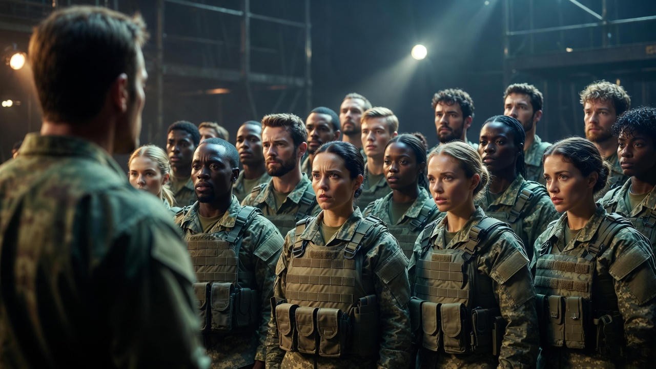 Ensemble soldiers rallying in modern staging of Henry V at Chicago Shakespeare Theater