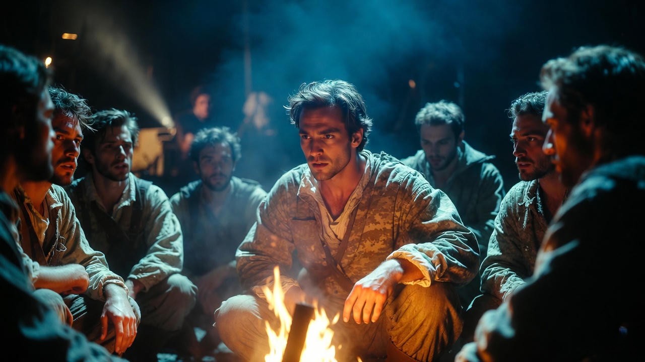 Henry V in disguise reflecting with soldiers, exploring leadership themes in Chicago Shakespeare production